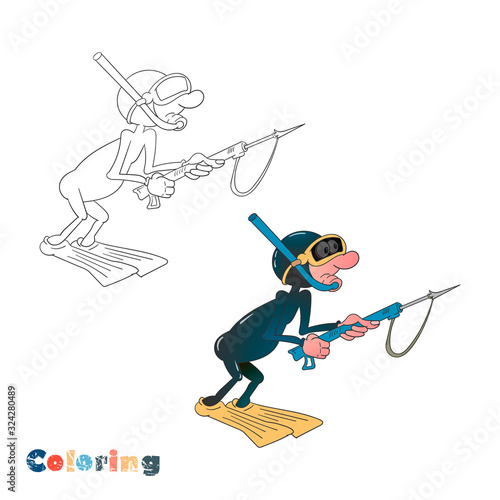 diver with a gun for spearfishing. Vector illustration in the form of coloring and color example.