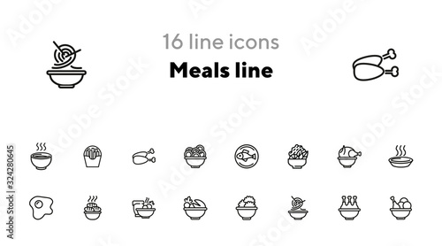 Meals line icons. Set of line icons on white background. Cooking concept. Salad, fish, chicken. Vector illustration can be used for topics like kitchen, cooking, restaurants