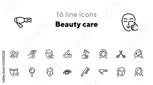 Beauty care line icon set. Hair dryer, solarium, barber scissors. Beautician concept. Can be used for topics like beauty salon, cosmetology, aesthetic dermatology