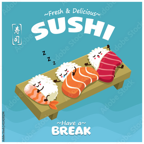 Vintage Sushi poster design with vector Sake, Maguro, Ebi sushi character. Chinese word means sushi.
