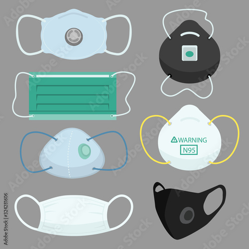 Facs Air pollution Mask, protective devices allergy for hospital Medical masks for prevent pm 2.5 dust and smog and  infectious disease breath example  SARS and CONVID 19.  flat vector illustration.