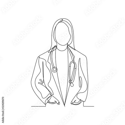 Continuous line drawing of woman doctor with stethoscope. One line art of health care concept. Vector illustration.
