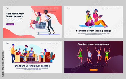 Friends enjoying leisure set. People shopping together, drinking beer, dancing. Flat vector illustrations. Friendship, communication, party concept for banner, website design or landing web page