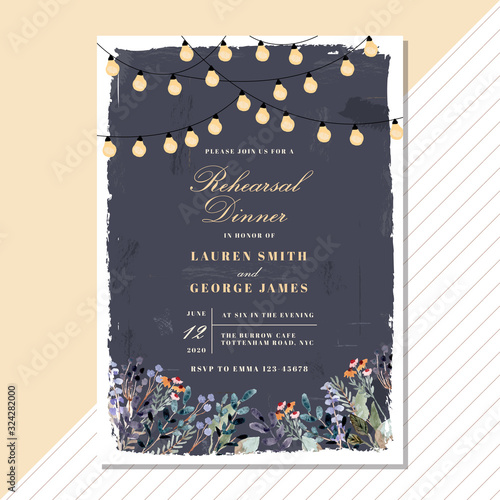 rehearsal dinner invitation with vintage string light and floral watercolor