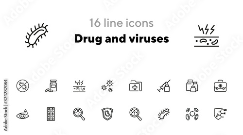 Drug and viruses icons. Set of line icons on white background. Syringe, bacteria, structure. Biology concept. Vector illustration can be used for healthcare, investigation