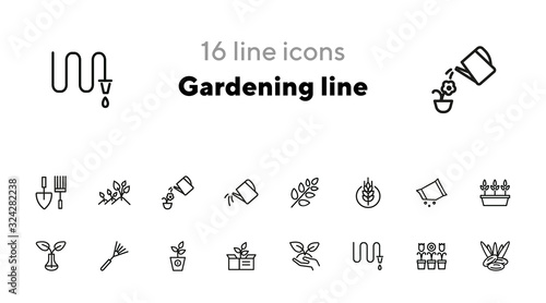 Gardening line icons. Set of line icons on white background. Hobby concept. Flowers, leaf, earth, equipment. Vector illustration can be used for topics like agriculture, hobby, gardening