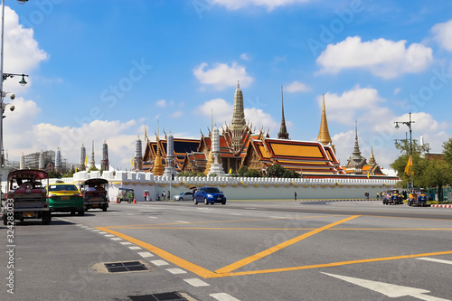 Photography Bangkok, Thailand - 1 December 2019: Roof tops of Grand Palace from corner of Sanam Chai Wat Phra Kaew and Na Phra Lan Roads