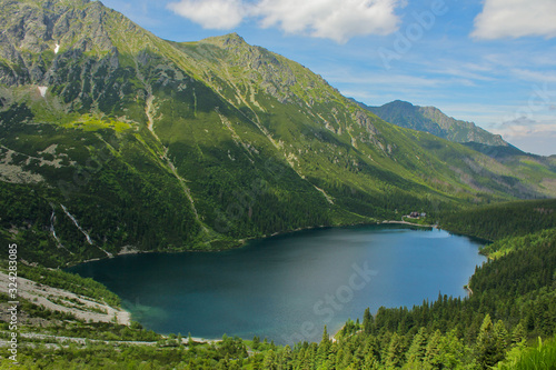 The lake Morskie Oko aerial view. High Tatras. The Tatra National Park in the Rybi Potok (the Fish Brook) Valley, Zakopane, Poland.