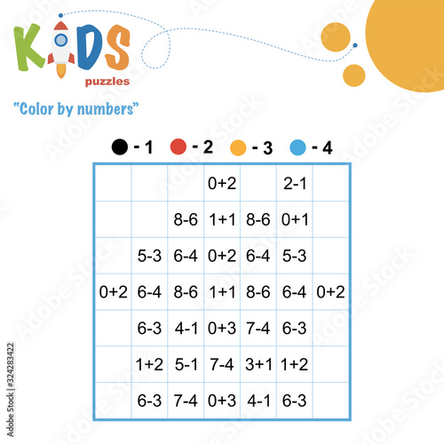 Color by numbers. Mathematical pixel puzzle. Easy colorful worksheet with addition and subtraction, for children in preschool, elementary and middle school.