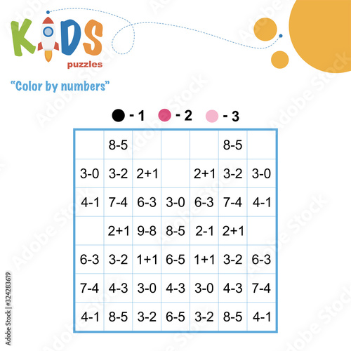 Color by numbers. Mathematical pixel puzzle. Easy colorful worksheet with addition and subtraction, for children in preschool, elementary and middle school.