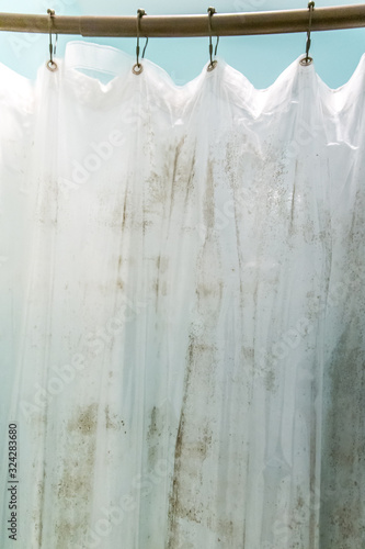 Dark brown mildew mold on plastic interior shower curtain in a light aqua bathroom