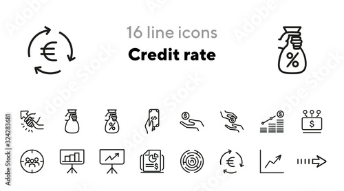 Credit rate icons. Set of line icons. Financial report, focus group, hand holding coin. Finance concept. Vector illustration can be used for topics like finance, business, banking