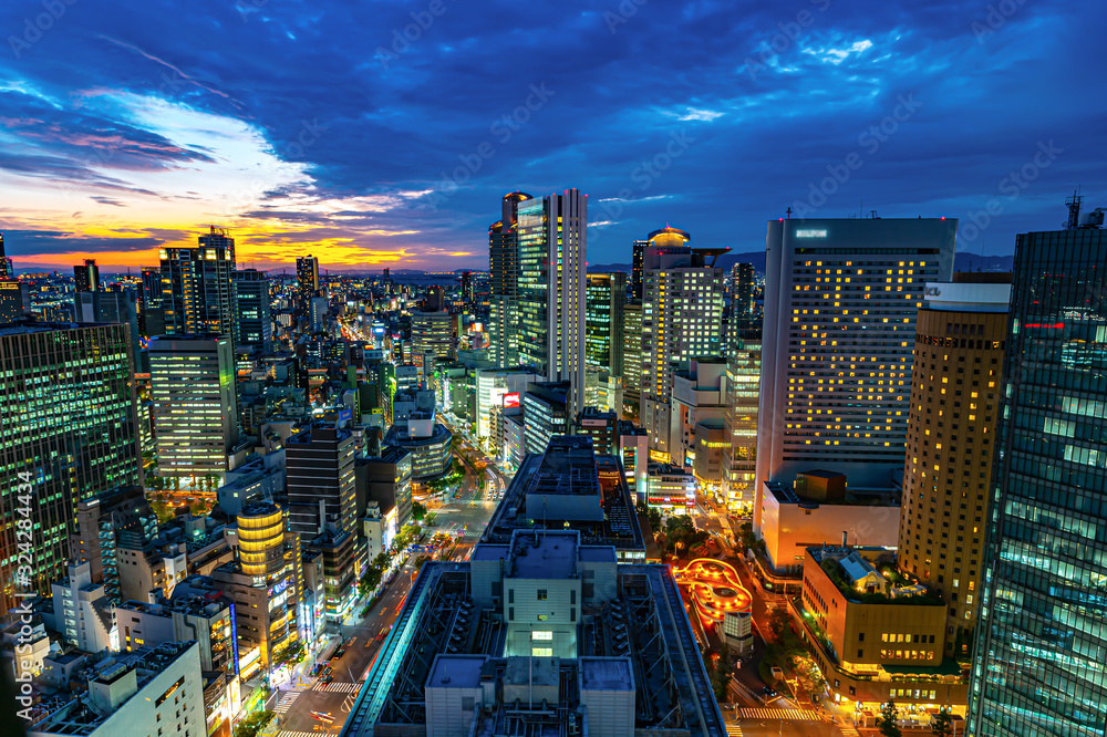 Naklejka premium Wgląd nocy Umeda, miasto Japonii, Osaka