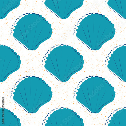 Sea shells on sand seamless vector pattern. Hand drawn line art. Minimal mollusc repeat beach scene backdrop. Aquatic illustration all over print for coastal living and summer vacation concept.