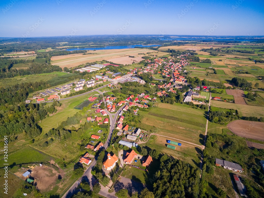 Aerial view of beautiful Pozezdrze village, Mazury, Poland (former Possessern, East Prussia)