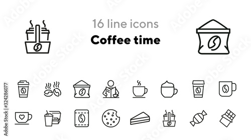 Coffee time icons. Set of line icons. Morning coffee, take away coffee, cookie. Coffee break concept. Vector illustration for topics like business process, everyday routine, food, office life