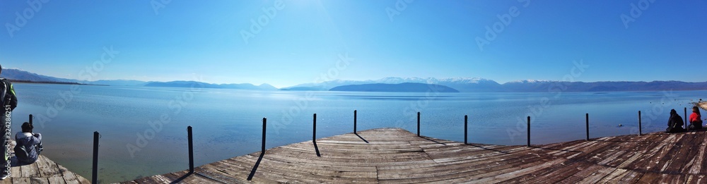 panoramic image of a lake prespa in macedonia