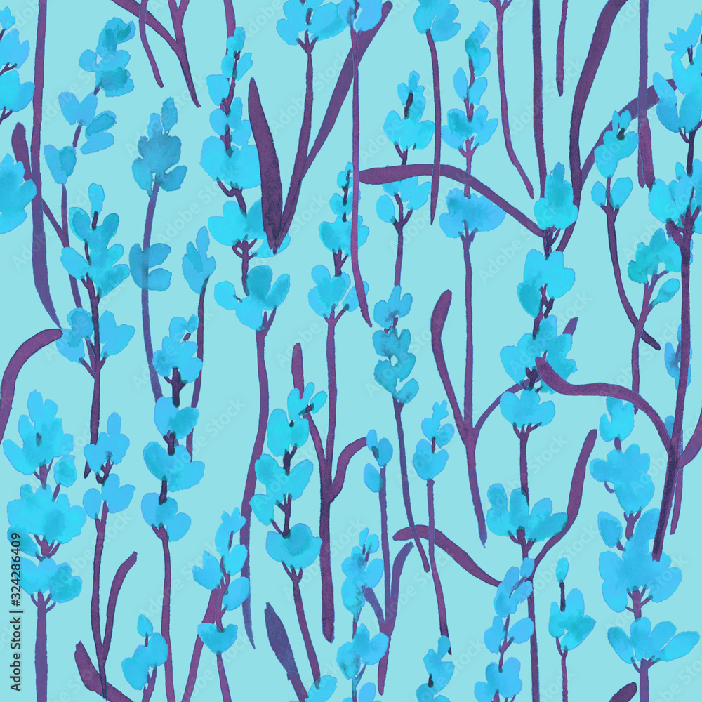 seamless lavender flower branches pattern - watercolor illustration, flowers is random beautiful order, blue color