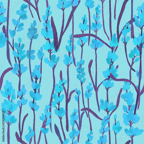 seamless lavender flower branches pattern - watercolor illustration  flowers is random beautiful order  blue color