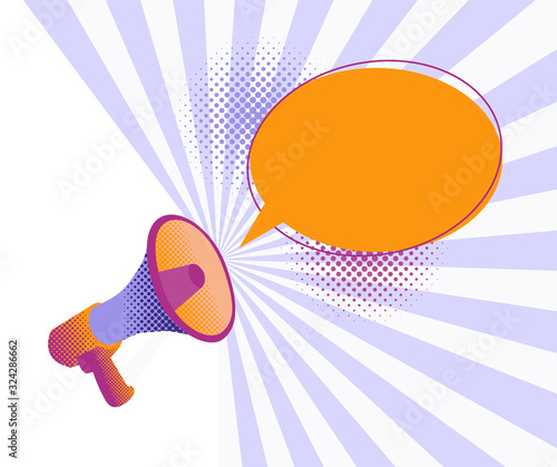 Banner with a megaphone. Flat style. Isolated on a white background. Can be used for clearance sales, vouchers. cards. invitation and for web. Halftone effect