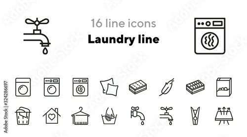 Laundry line icons. Set of line icons. Breathing fabric, hand washing, two pillows. Laundry concept. Vector illustration can be used for topics like washing up, laundry