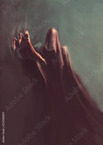 fantasy hooded demon in the dark,  with reaching hand - painting, fictional character