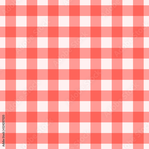 Vector gingham striped checkered blanket tablecloth. Seamless white red table cloth napkin pattern background with natural textile texture. Country fabric material for breakfast or dinner picnic