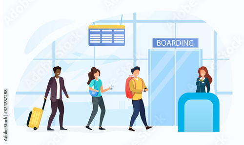 Baggage drop-off point at an airport terminal with a queue of multiracial passengers checking in their luggage before the flight in a travel and transport concept, vector illustration
