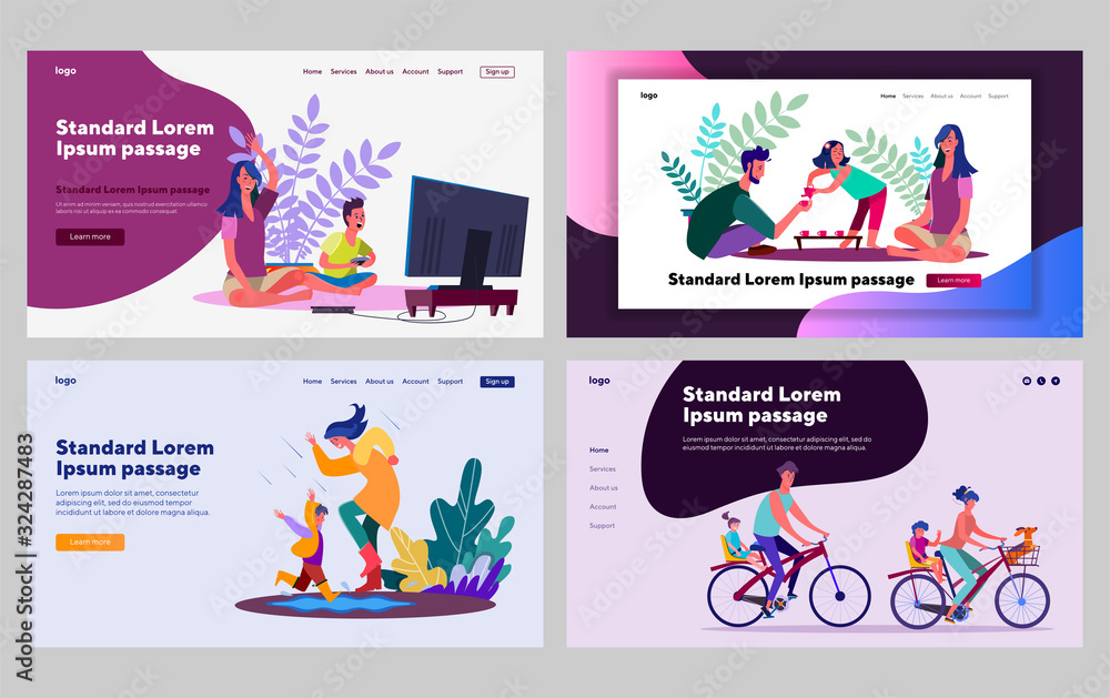 Parents and children enjoying leisure together set. Video games, having fun outdoors, riding bike. Flat vector illustrations. Family, activity concept for banner, website design or landing web page