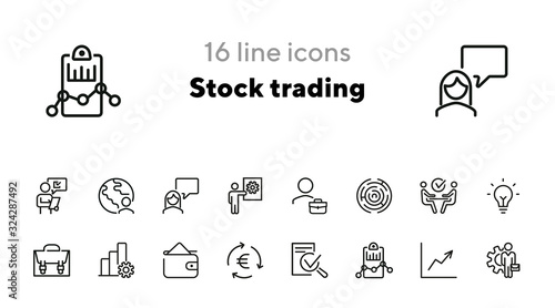 Stock trading line icon set. Broker, trader, businessman, investor. Business concept. Can be used for topics like investment, startup, finance, analysis, management