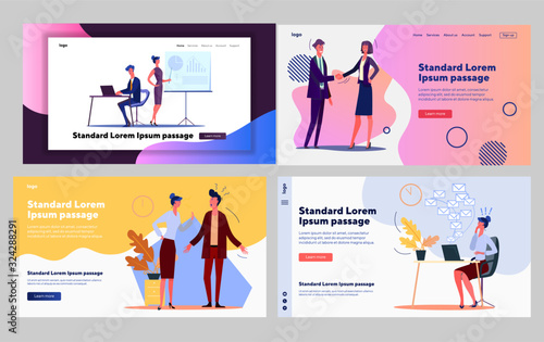 Business communication set. Professionals arguing, presenting report, shaking hands. Flat vector illustrations. Cooperation, management concept for banner, website design or landing web page
