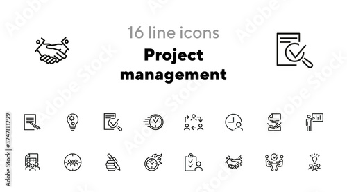 Project management line icon set. Handshake, team, interview. Business concept. Can be used for topics like leadership, teamwork startup