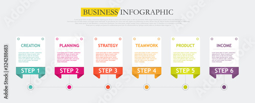 Step by step business infographic in six stages showing Creation of a project Planning, Strategy, Teamwork, Product, Income in assorted colors with copy space for text, vector illustration