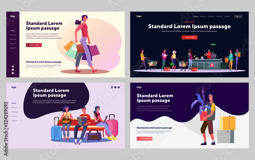Customers in public places set. Shopping, tourists in airport, queue in supermarket. Flat vector illustrations. Communication, city, commerce concept for banner, website design or landing web page