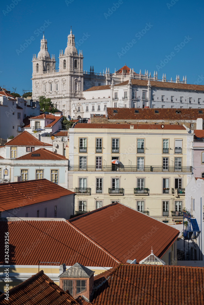 View of the city from Largo das Portas do Sol including St Vincent monastery, Alfama, Lisbon, Portugal