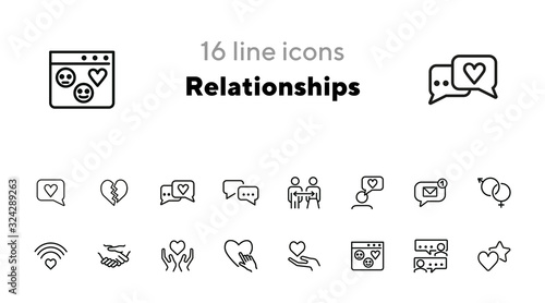 Relationships line icon set. Set of line icons on white background. Sociality concept. Message, notification, relationship. Vector illustration can be used for topics like internet, chatting