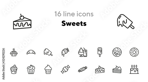 Sweets line icon set. Set of line icons on white background. Confectionery concept. Ice-cream, pie, cake, caramel. Vector illustration can be used for topics like confectionery, sweet, cafe