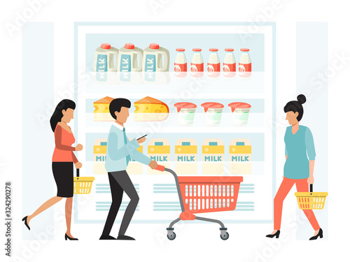 People shopping in grocery vector illustration. Man and women with cart in retail supermarket. Big store people shopping concept. Different persons with trolleys in dairy products department