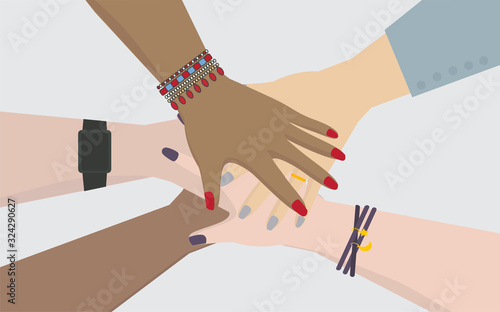 Teamwork join hands together. Female team support concept vector.