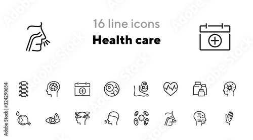 Health care line icon set. Heart disease, eye drops, vertigo, chickenpox. Healthcare concept. Can be used for topics like medicine, symptoms, illness