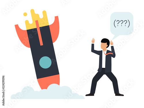 Startup failure vector illustration. Business rockets crash down. Unhappy man and not working creative project. Sad businessman and broken rocket.