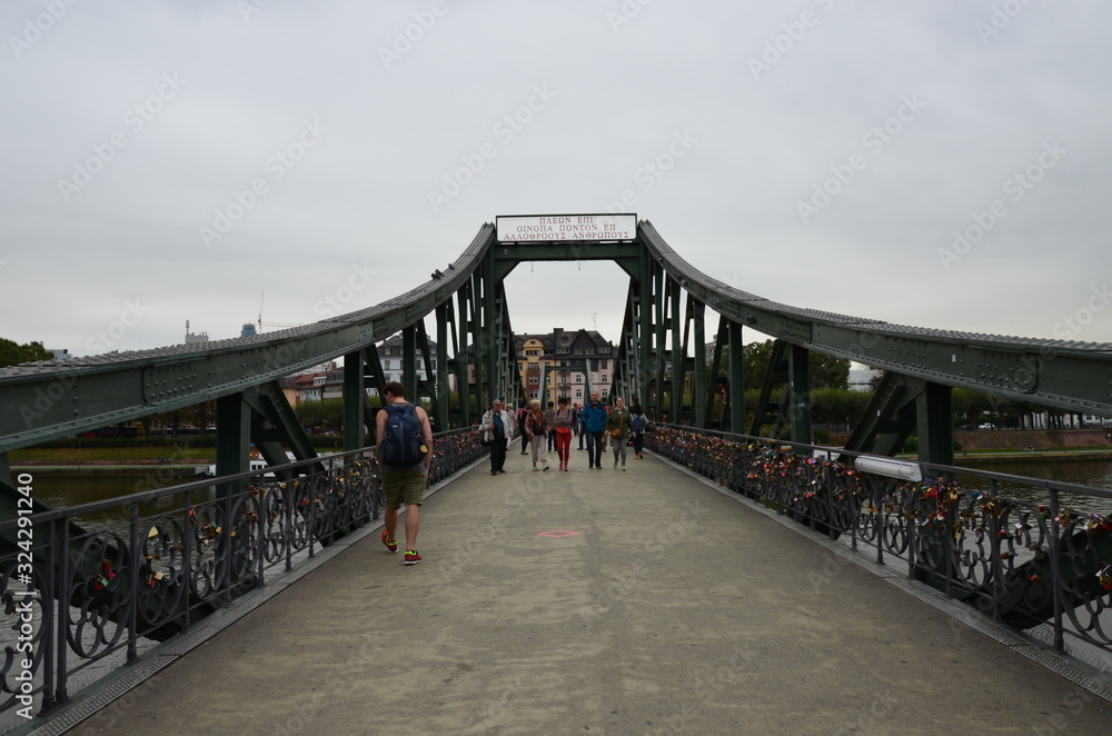 Padlocks on the bridge as a token of love in Frankfurt am Main