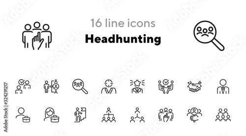 Headhunting icon. Set of line icons on white background. Job interview, hr manager, partnership. Recruitment concept. Vector illustration can be used for topics like business, employment, career