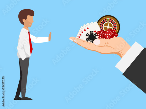 Stop gambling concept. No gamble addiction vector illustration. Ban on illegal business. Game chips and dice holding in hand, rejection gesture. Man refuse to gambles