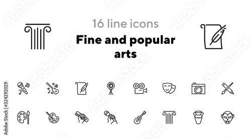 Fine and popular arts icon. Set of line icons on white background. Theater, painting, music, cinema, photography. Hobby concept. Vector illustration can be used for topics like leisure, entertainment