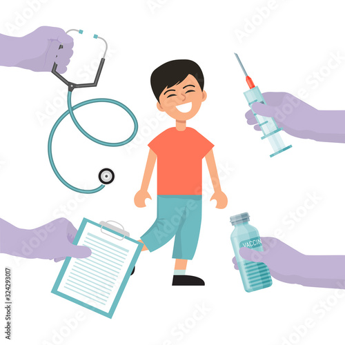 Children vaccination concept. Medical immunization with vaccine for child vector illustration. Happy healthy boy vaccinated by injection from childhood diseases
