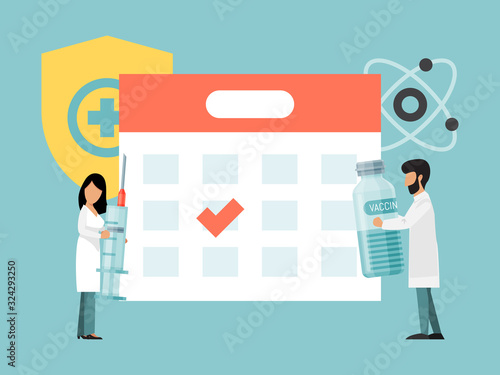 Calendar of medical vaccination concept. Time to vaccinate vector illustration. Syringe with vaccine, bottle, vaccination calendar and doctors. Preventive injections for health care