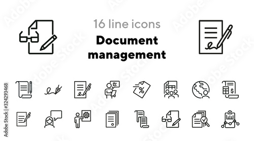 Document management line icon set. Paper, agreement, signature, people. Business concept. Can be used for topics like paperwork, finance, analysis