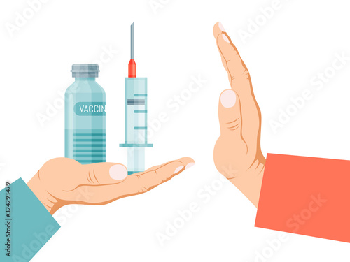 Refusal of the concept of medical vaccination. Stop medical injection vector illustration. Refuse vaccine medication. Anti-vaccination protest, man hand refusing preventive medicine.