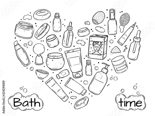 Illustration heart shaped of facial skin care products.